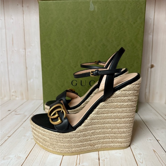 Gucci Nappa Matelasse GG Marmont Platform Espadrille Wedges Black Sz 35 / 5 - Picture 4 of 11